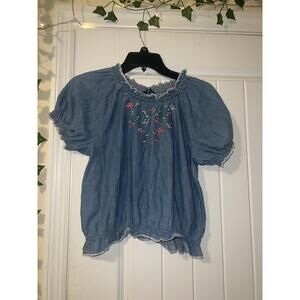 Lucky Brand girls blue embroidered flower blouse chambray short sleeved LG 12/14